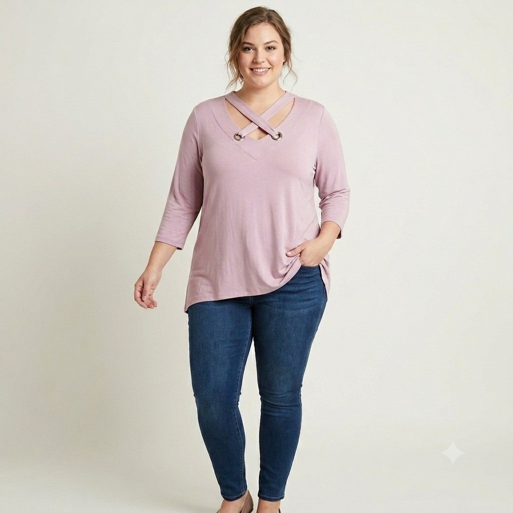 Womens Plus Size 1X Tunic‎ Pink Crisscross Grommet V-Neck Top Cable & Gauge NEW